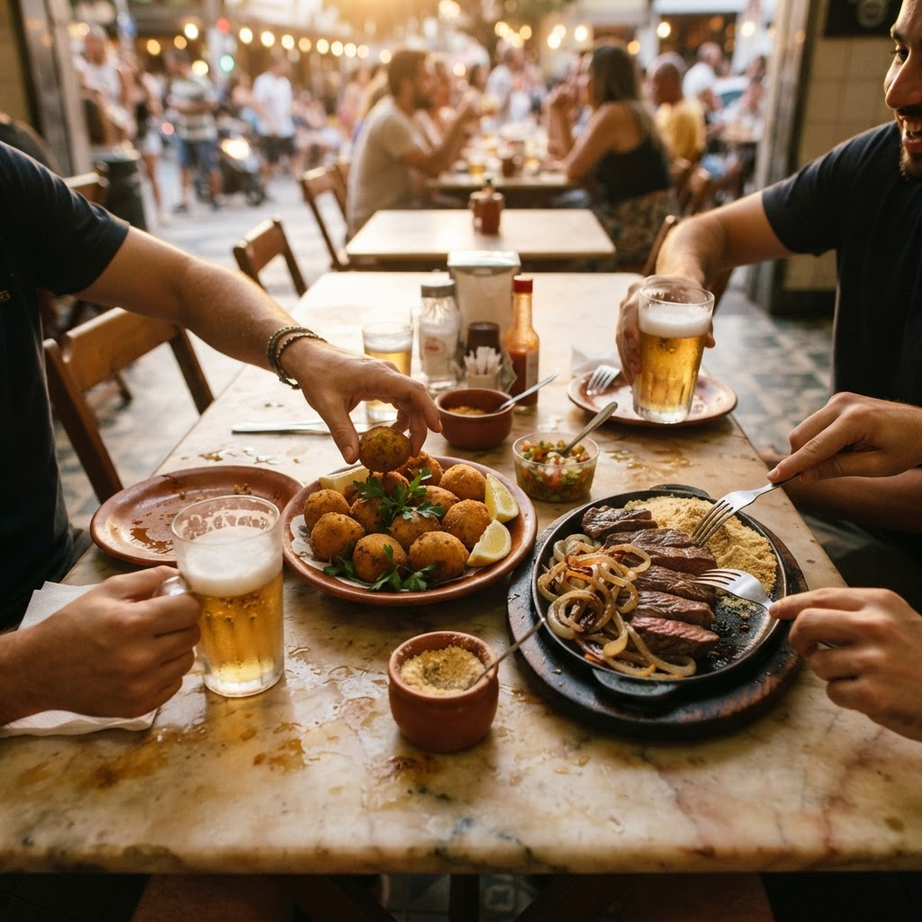 Mesa de botequim carioca com chope, petiscos e mãos dividindo os pratos